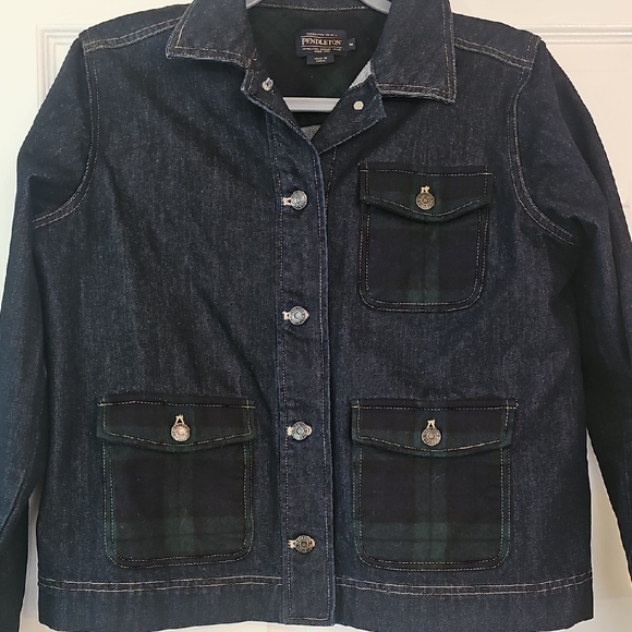 Pendleton Jackets & Blazers - Pendleton Dark Blue Denim Jacket with Green Plaid Pockets